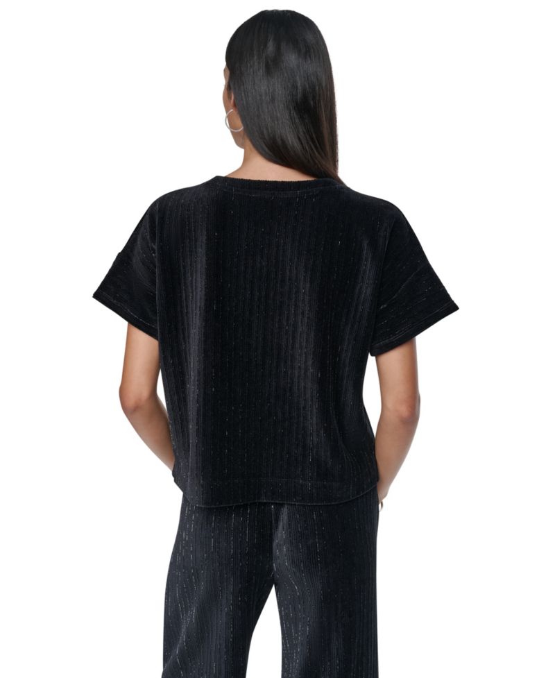 Women's Lurex Velvet Knit Scoop Neck Short-Dolman Sleeves T-Shirt
