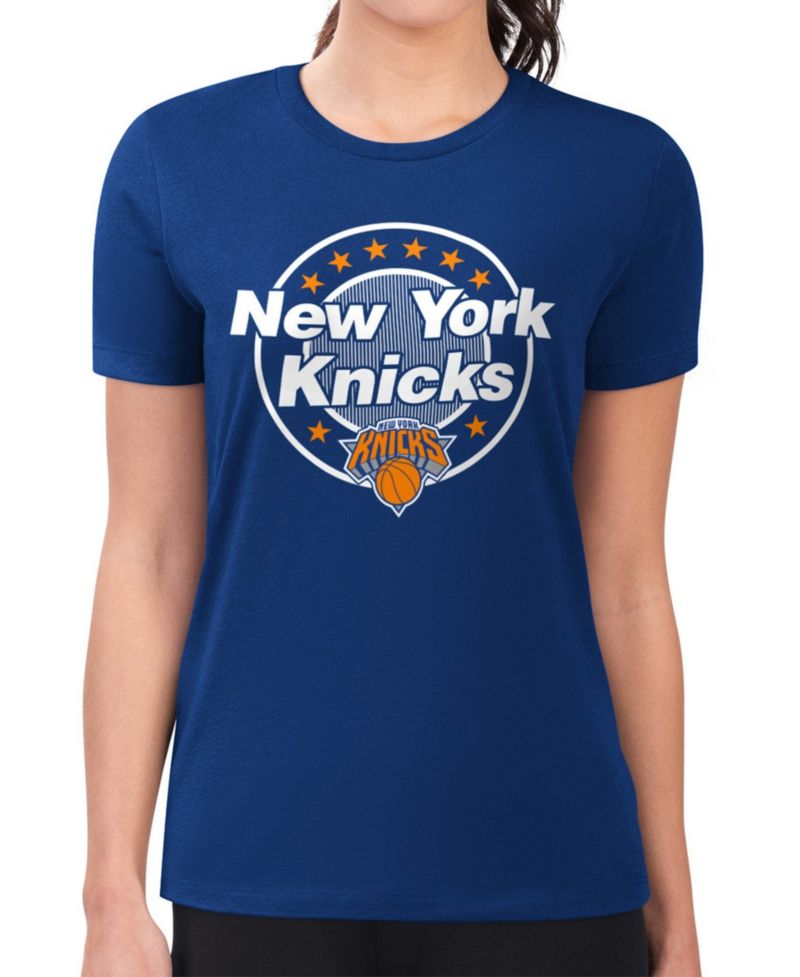Women's Blue New York Knicks Super-Slim Lightweight Pinstripe Circle Graphic T-Shirt