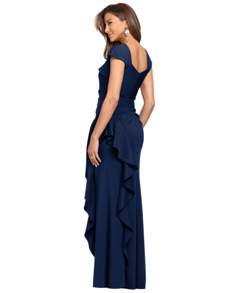 Petite Asymmetric Neck Side Ruffle Gown