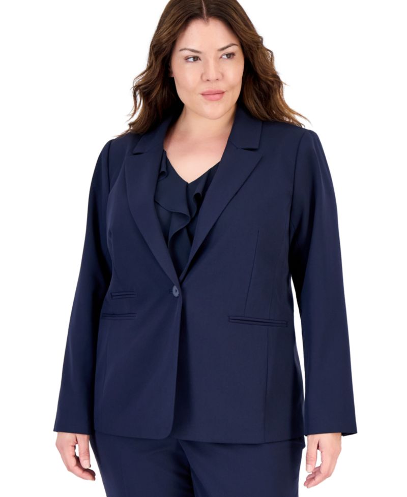 Plus Size One-Button Stripe Lining Shoulder-Padded Blazer