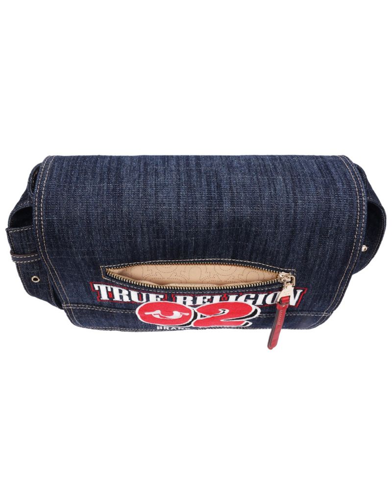 Women's Varsity Logo Zip Pocket Denim Messenger Bag – Dark Denim Crossbody Bag
