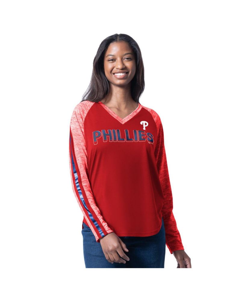 Women's Red Philadelphia Phillies Top Dog Raglan Long Sleeve V-Neck T-Shirt