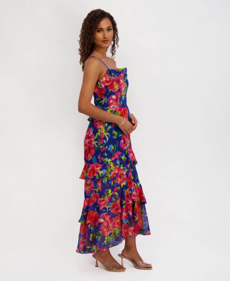 Women's Printed Sweetheart Neck Ruffle Detail Maxi Dress