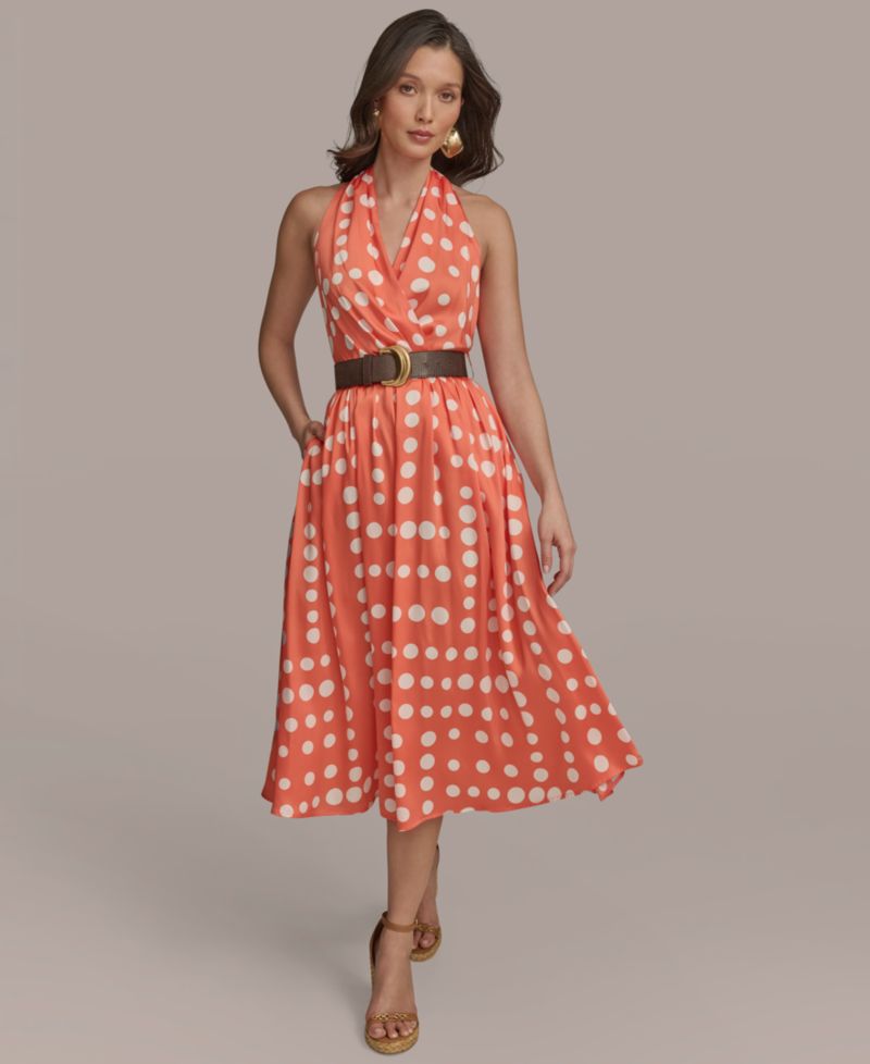 Women's Polka-dot Belted A-line Midi Dress
