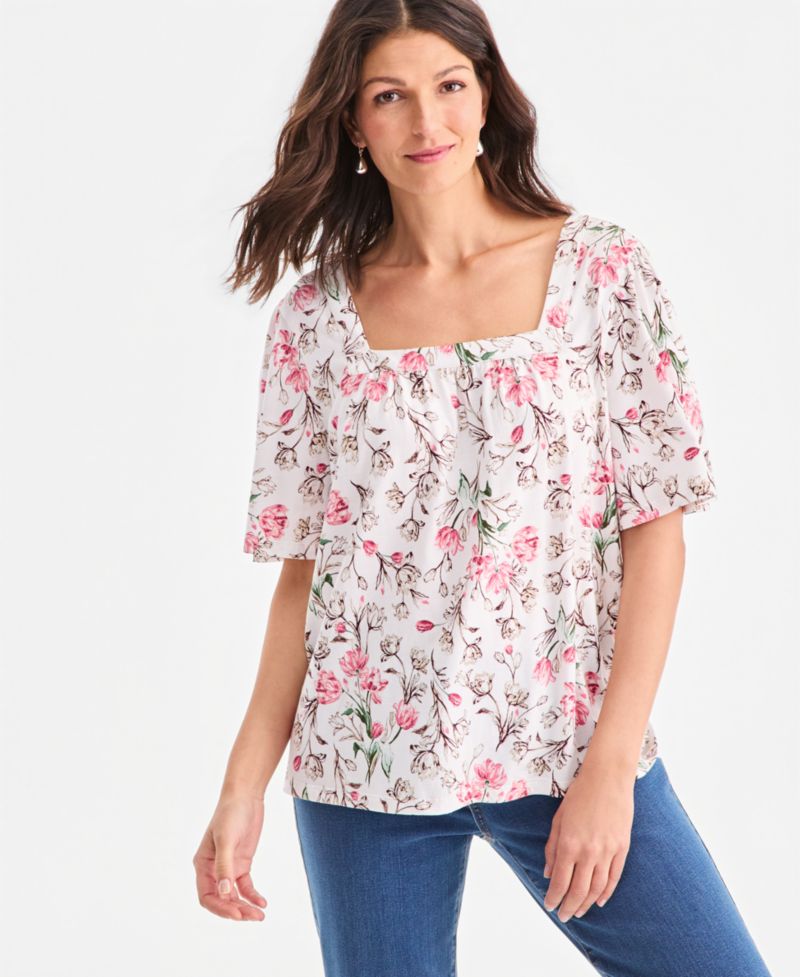 Petite Printed Square-Neck Short-Sleeve Top, Macy's Exclusive