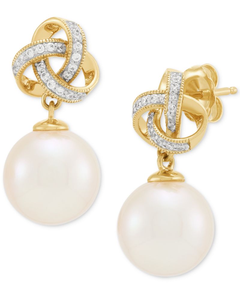 Cultured Ming Pearl (10mm) & Diamond (1/8 ct. t.w.) Love Knot Drop Earrings in 10k Gold