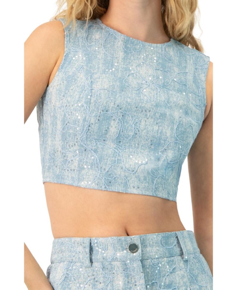 Women's Sleeveless Embroidered Denim Crop Top