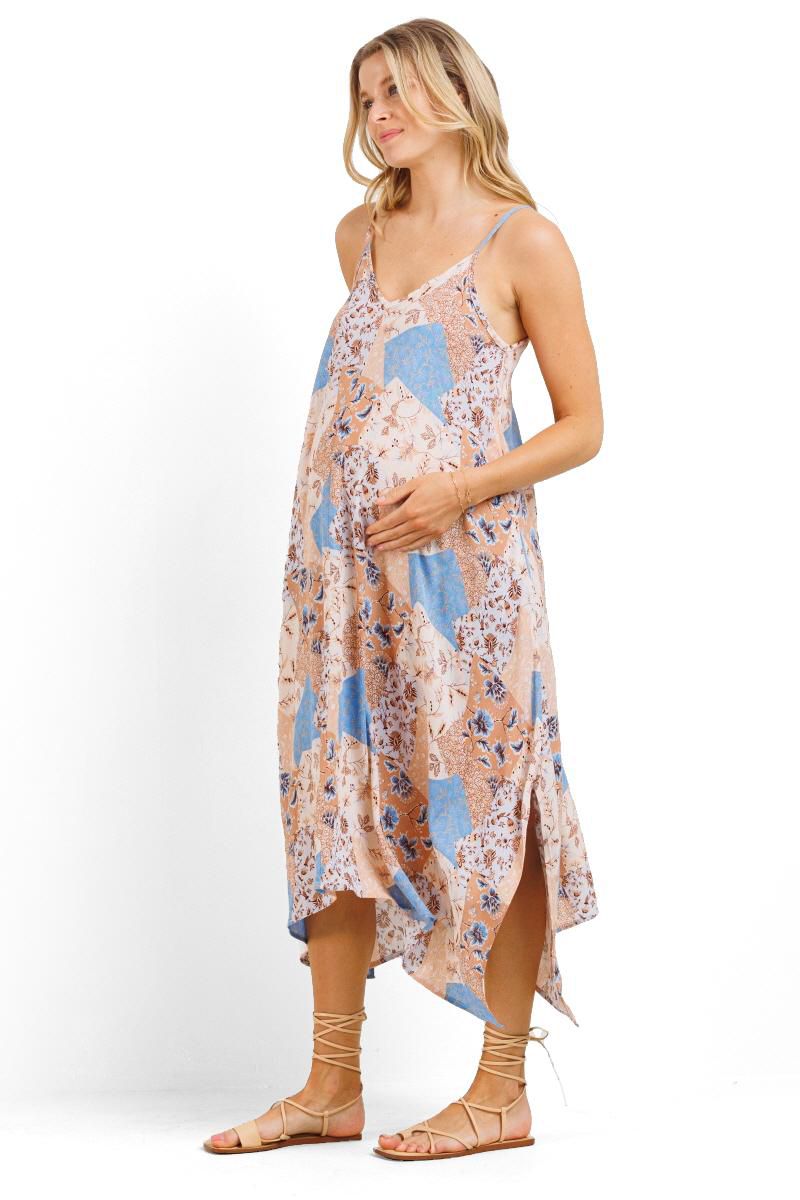 Women's Floral Midi Dress with Spaghetti Strap and Pockets