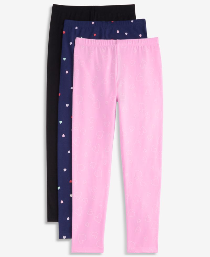 Girls' XS-XL Solid and Heart-Print Leggings, 3-Pack