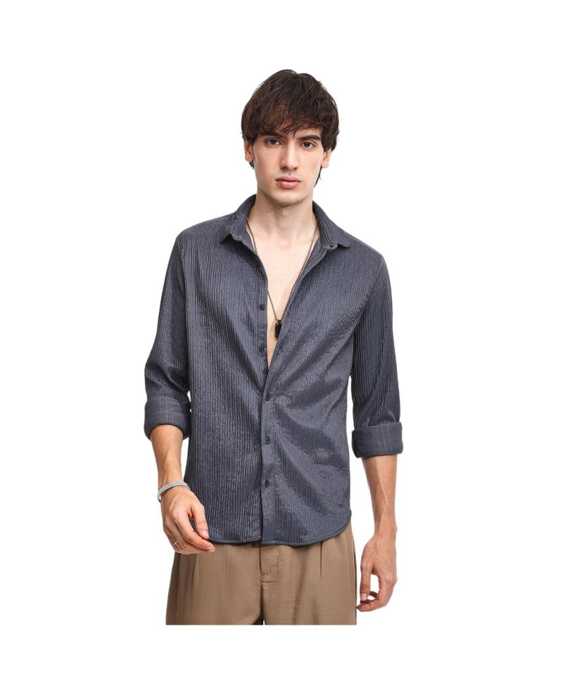 Men's Powder Grey Solid Creased Shirt