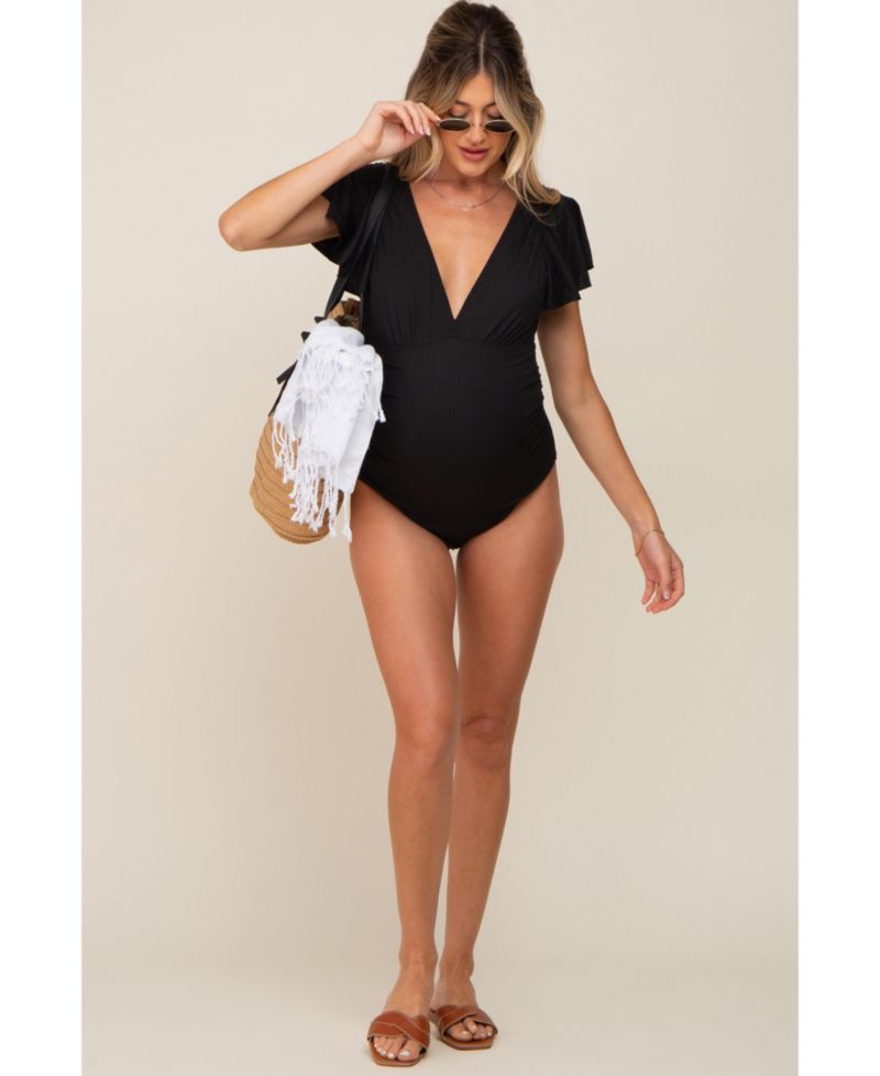 Women's Black Deep V-Neck Flounce One Piece Swimsuit