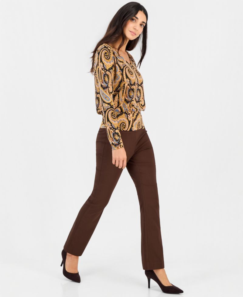 Petite Long-Sleeve V-Neck Paisley Blouse
