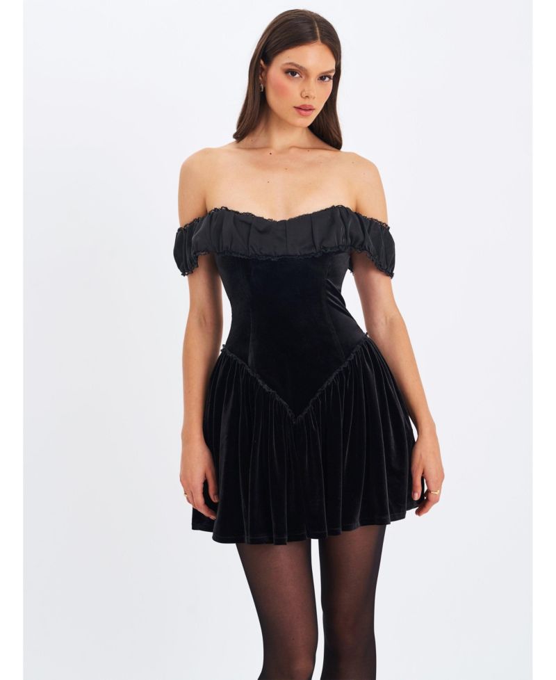 Women's Daisha Black Lace Trimmed Off-Shoulder Ruched Mini Dress