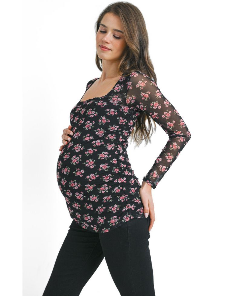 Maternity Square-Neck Floral-Mesh Top