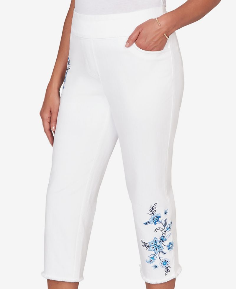 Women's Mykonos Floral Embroidered Fringe Super Stretch Denim Capri