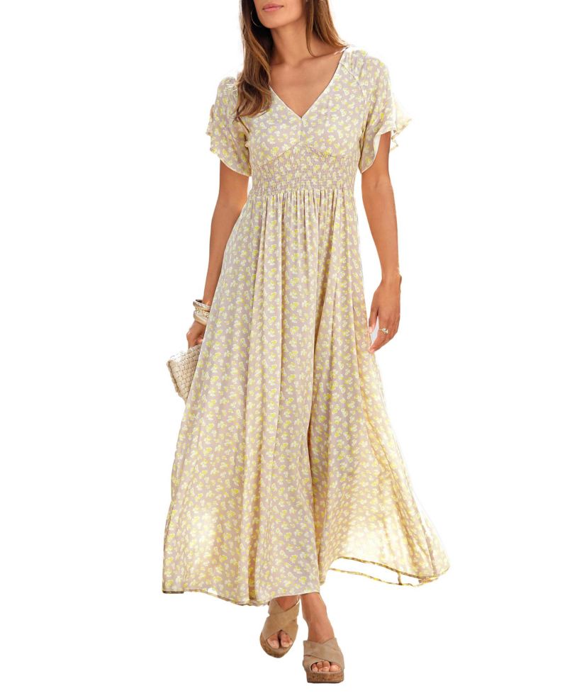 Women's Viscose Floral Print Ruffle-Trim Style V-Neck Maxi Dress