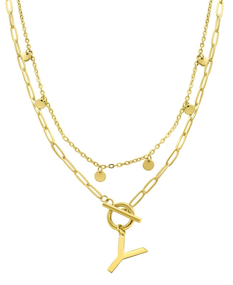 Tarnish Resistant 14K Gold-Plated Confetti and Paperclip Layered Initial Toggle Necklace