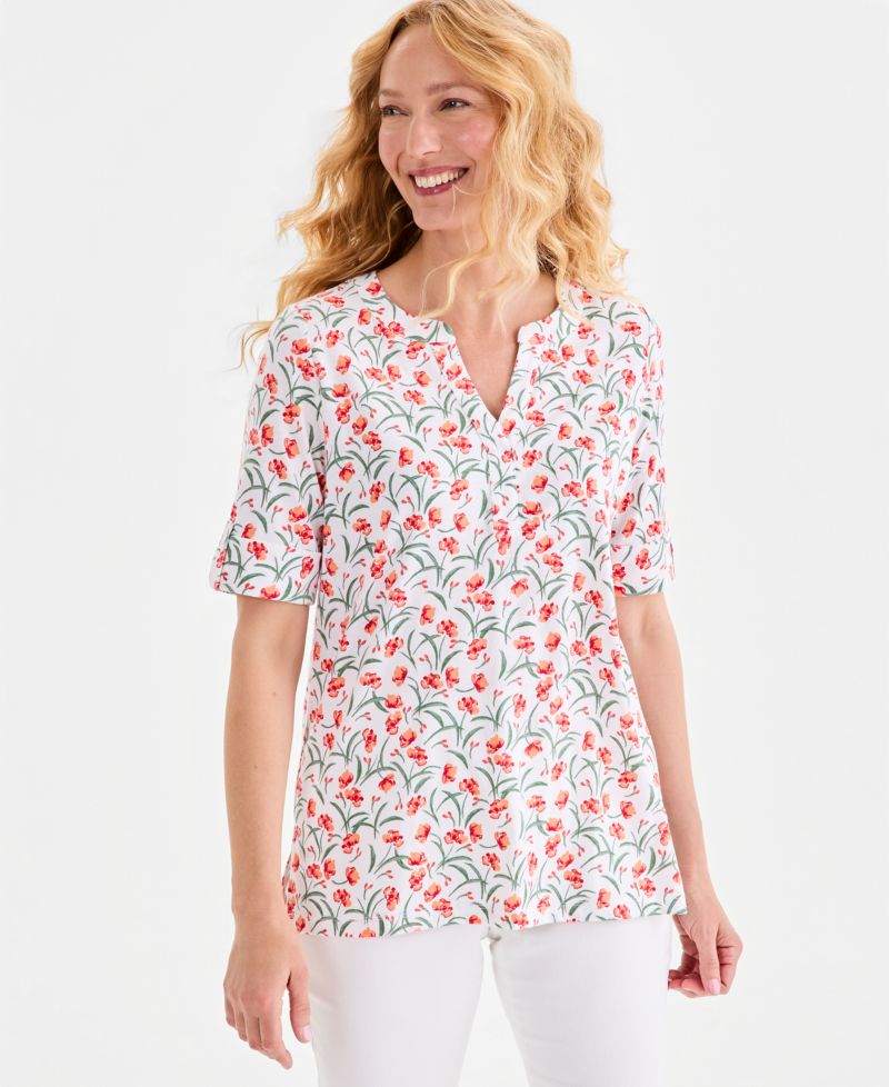 Women's Printed Split-Neck Elbow-Sleeve Tunic