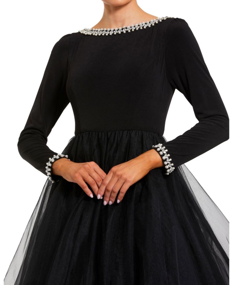 Petite Embellished Jersey Long Sleeve Ballgown With Tulle Skirt