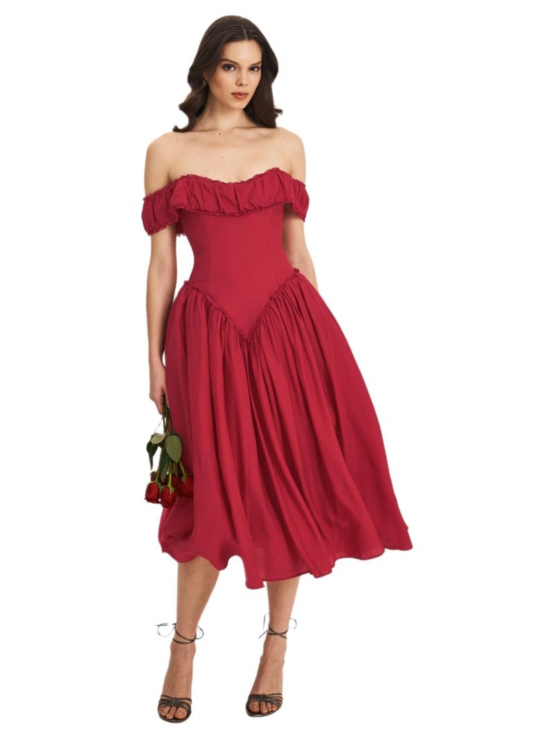 Women's Xavy Crimson Off-Shoulder Corset Midi Dress