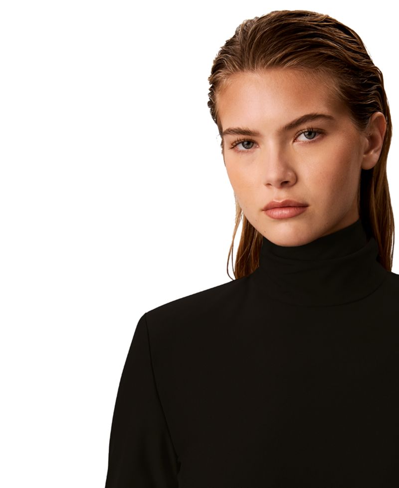 Petite Belted Long-Sleeve Turtleneck A-Line Dress