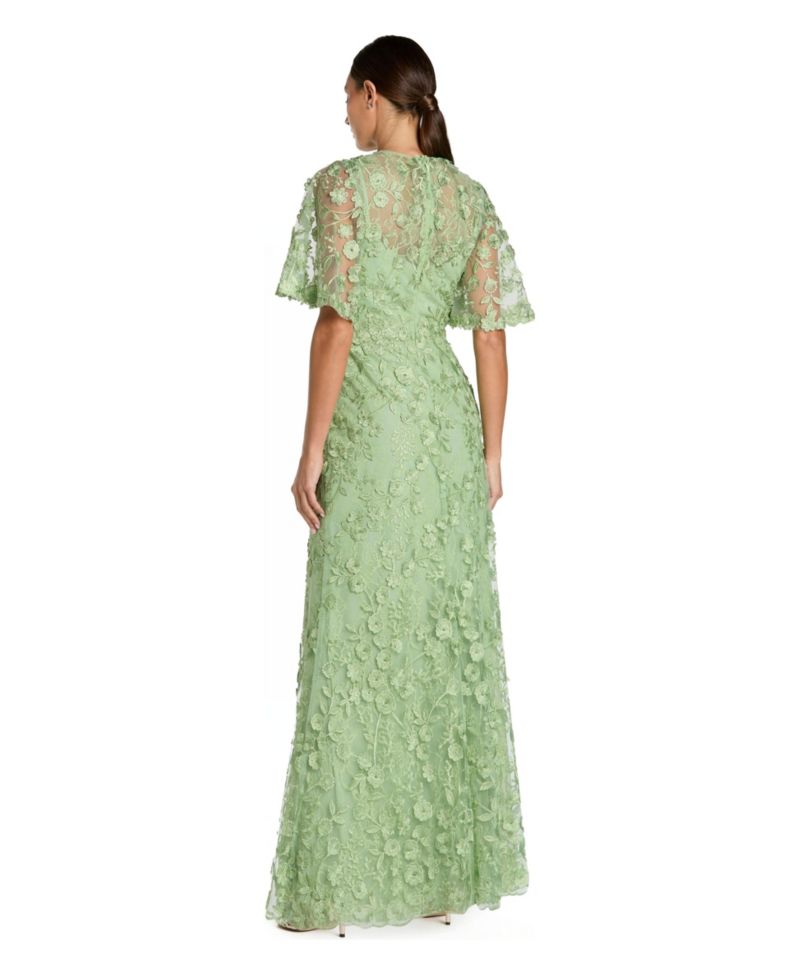 Women's Flutter Sleeve Floral Emboridered Net Gown