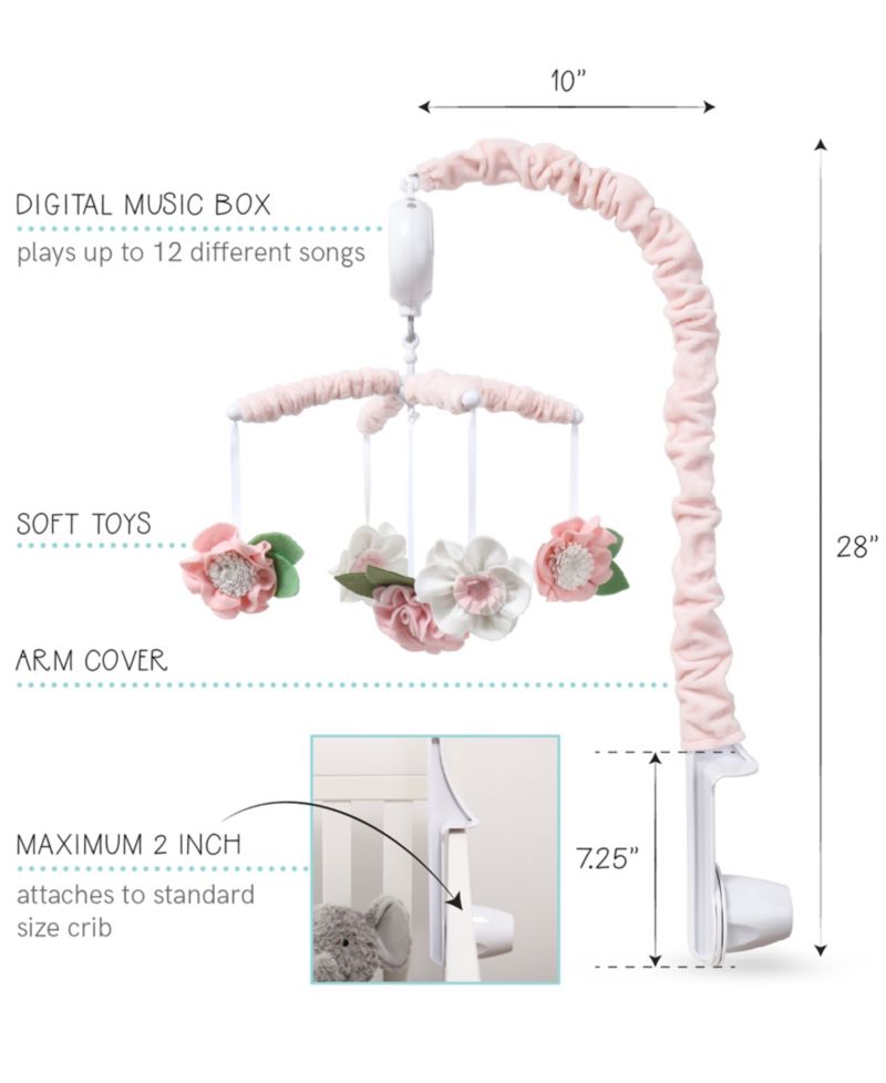 Pink Floral Musical Crib Mobile for Baby Girls Plays 12 Lullabies