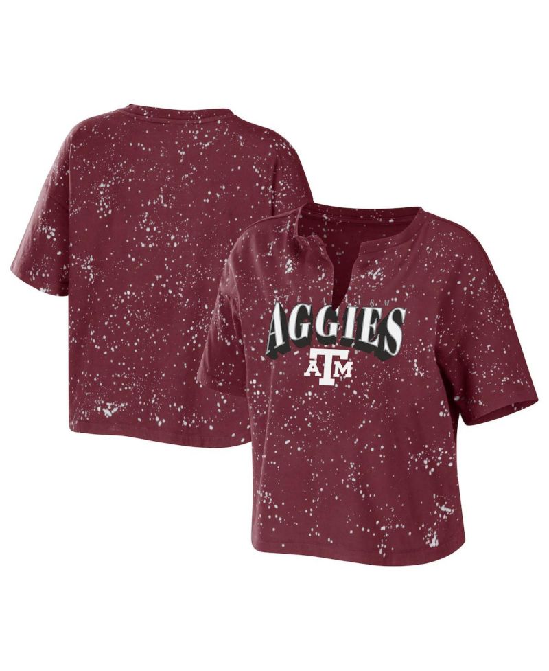 Women's Maroon Texas A&M Aggies Bleach Wash Splatter Cropped Notch Neck T-shirt
