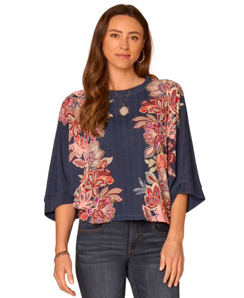 Women's Floral-Print 3/4 Dolman Sleeve Scoop Neck Blouse