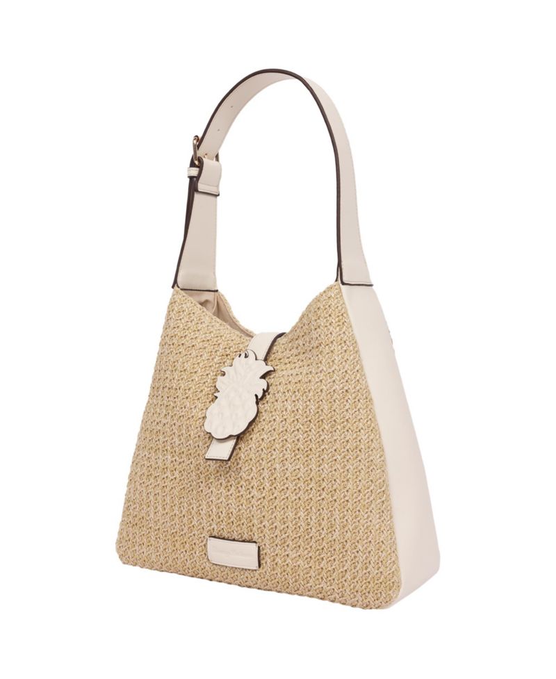Logo Tab Raffia Hobo Bag - Woven Straw Shoulder Bag with Pineapple Accent