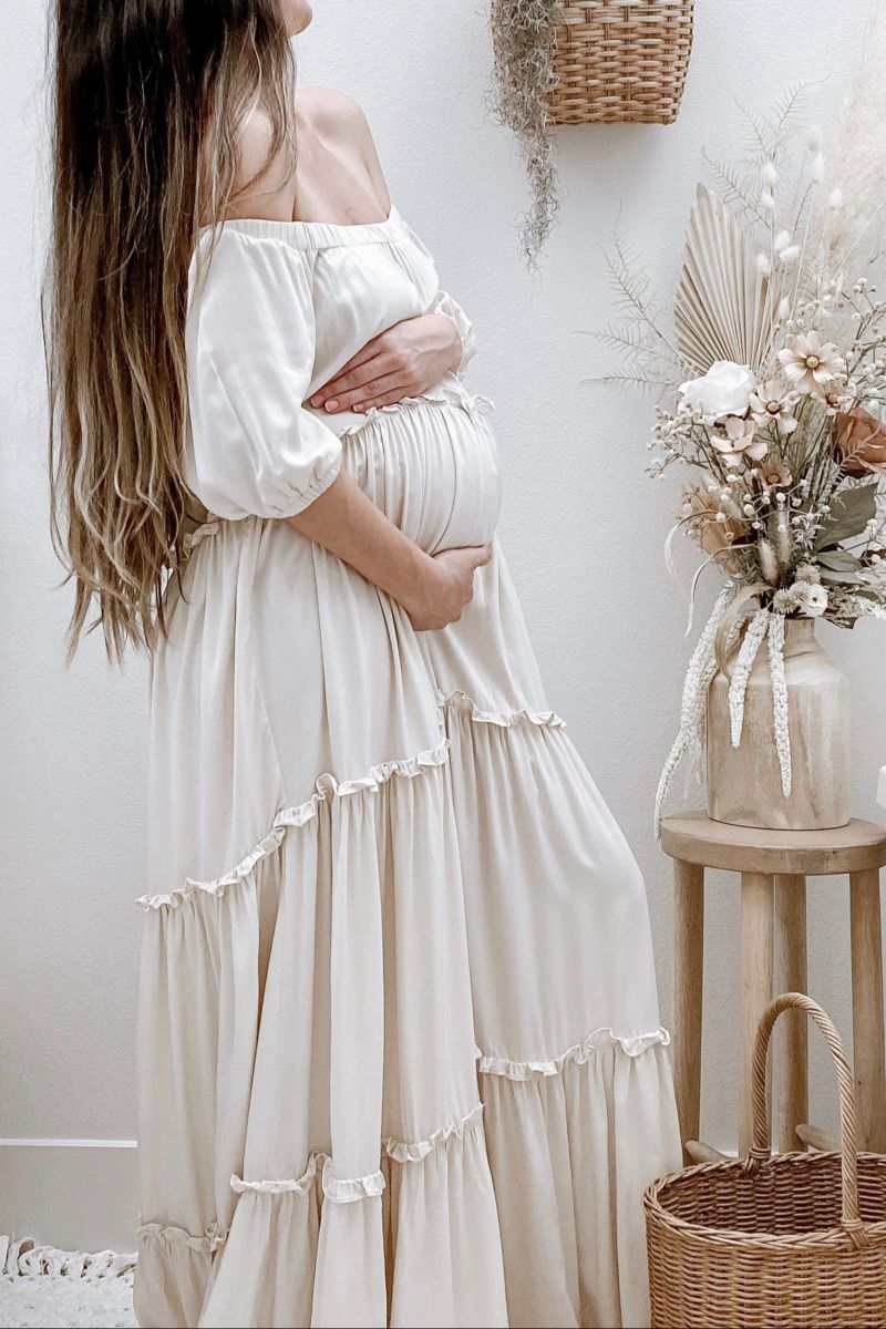 Women's Cream Off Shoulder Ruffle Tiered Maxi Dress