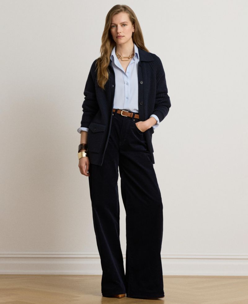 Women's Wool-Blend Rib-Knit Spread Collar Cardigan