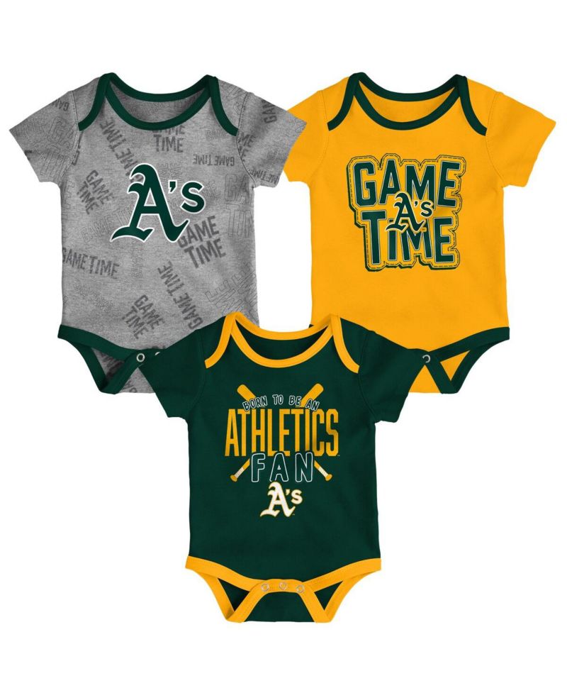 Newborn and Infant Boys and Girls Oakland Athletics Green, Gold, Heathered Gray Game Time Three-Piece Bodysuit Set