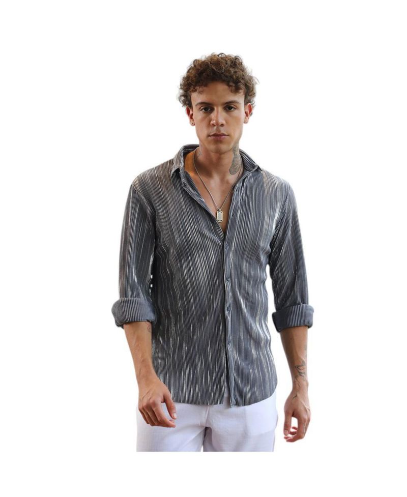 Men's Icy Blue & Metallic Silver Pleat-Creased Shirt