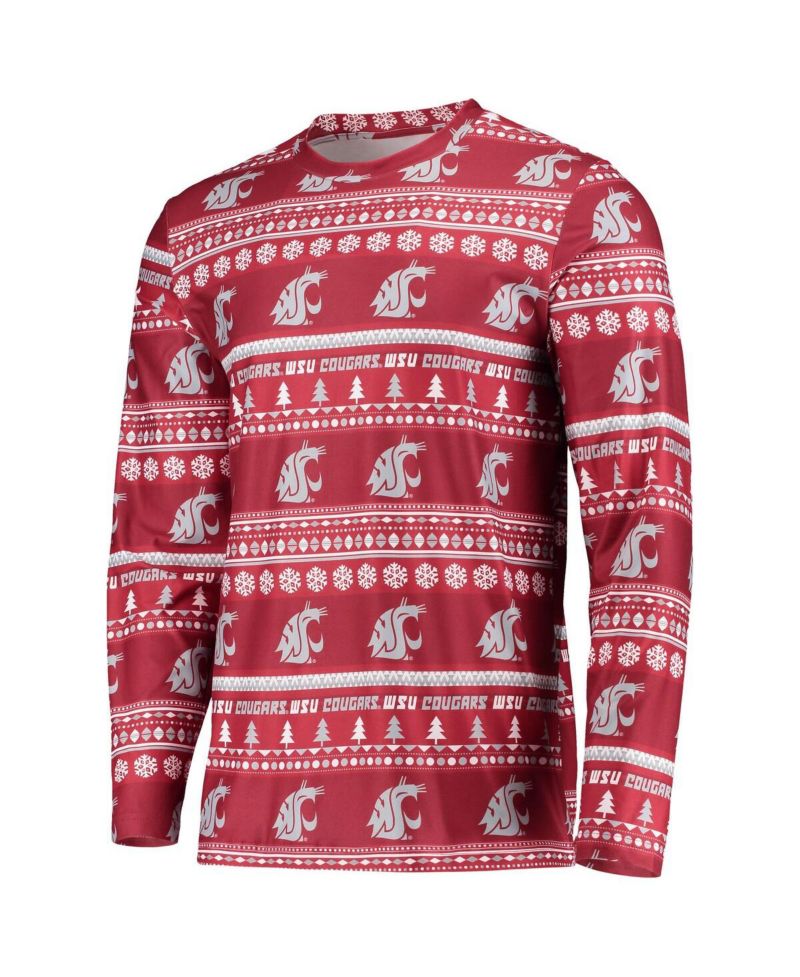 Men's Crimson Washington State Cougars Ugly Sweater Long Sleeve T-shirt and Pants Sleep Set