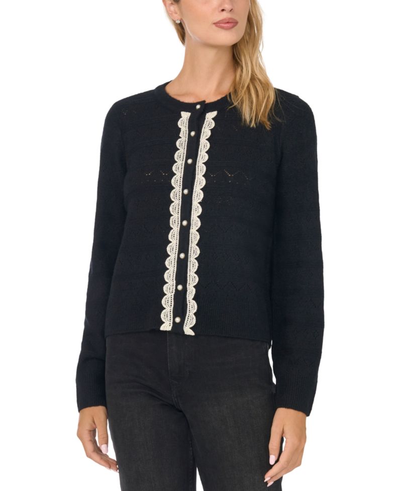 Women's Pointelle Lace-Trim Cardigan Sweater