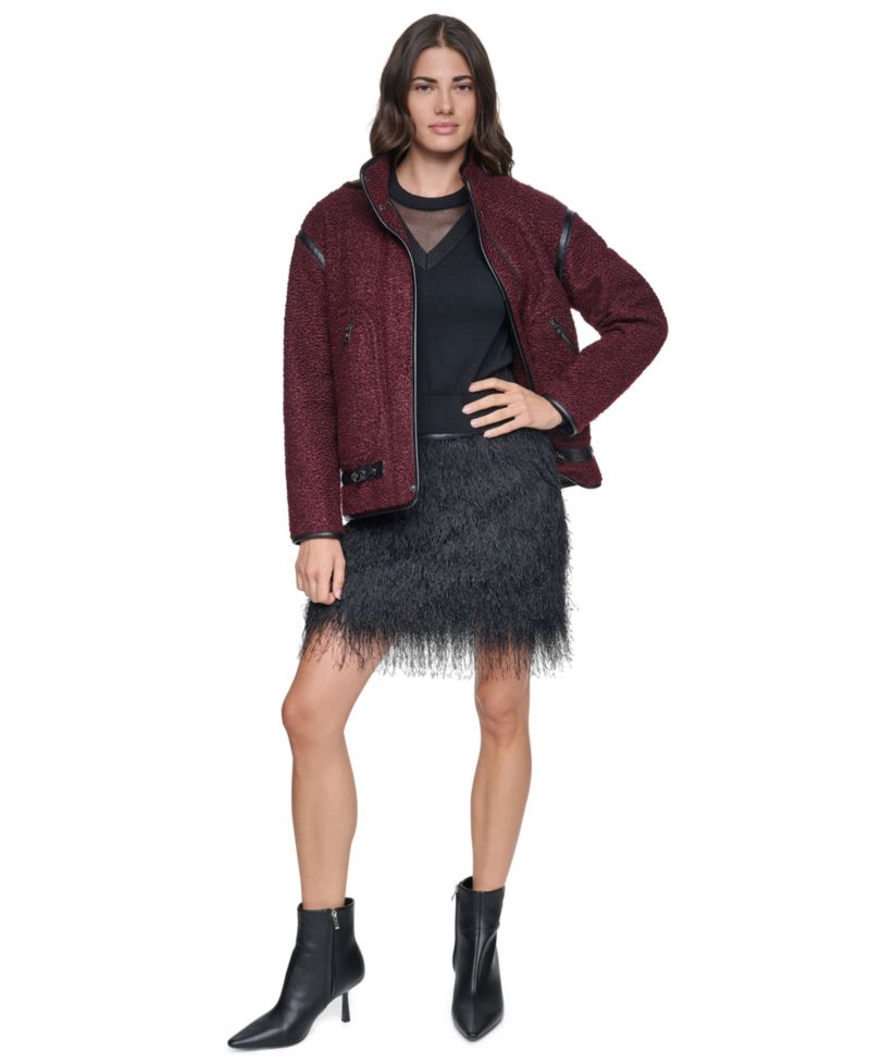 Women's Boucle Short Jacket with PU Trim
