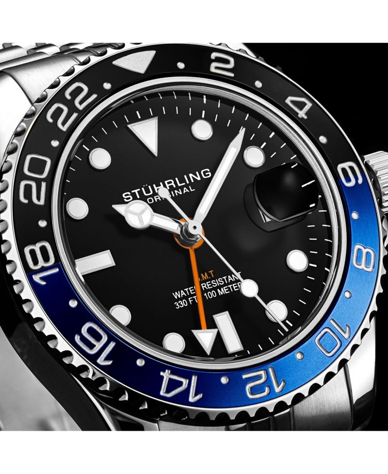 Meridian 3968 Men s GMT Diver Watch - Quartz Movement, 42mm Stainless Steel Case, Black Dial, Blue/Black Bezel
