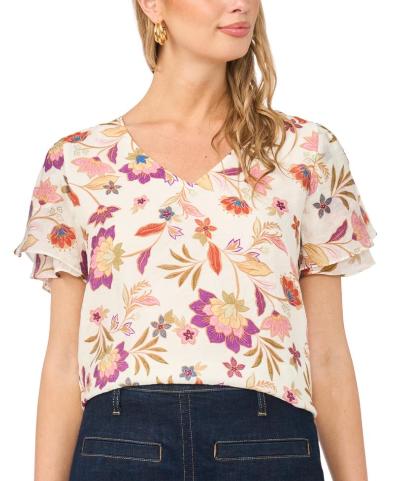 Women's Printed V-Neck Ruffle Seam Top