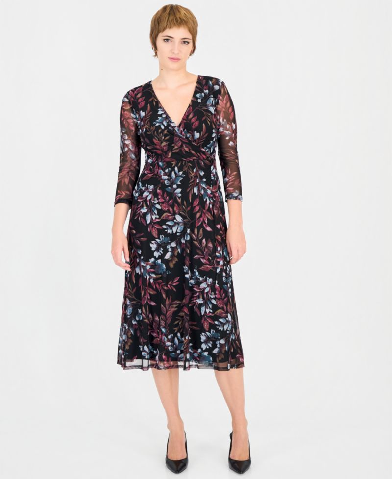 Women's Floral Mesh-Overlay Midi Wrap Dress