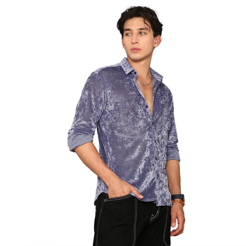 Men's Cornflower Blue Solid Velvet Shirt