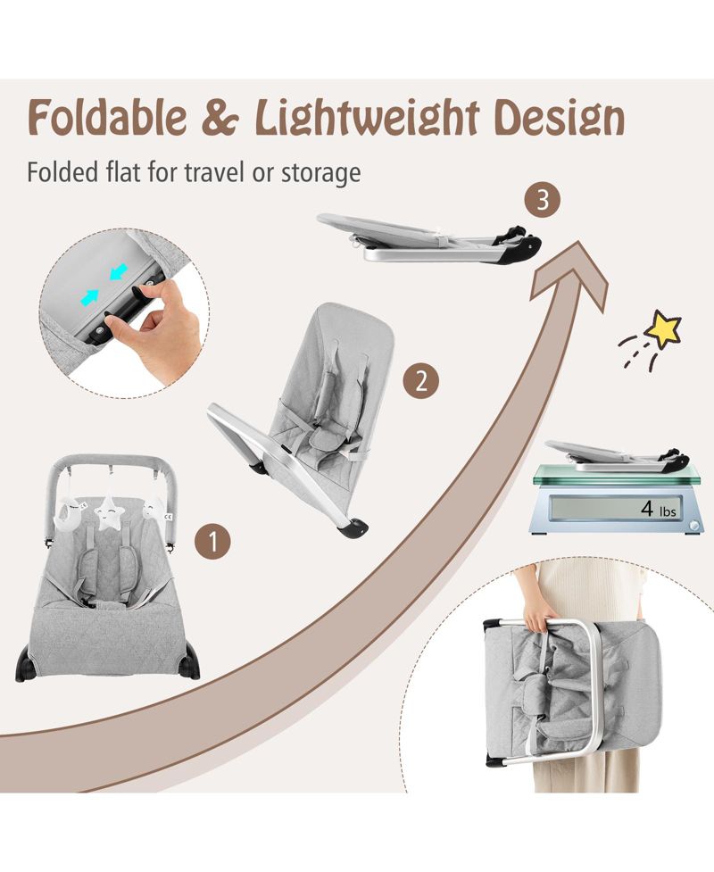 Foldable Infant Bouncer with Removable Fabric Cover and Activity Toy Bar-Grey