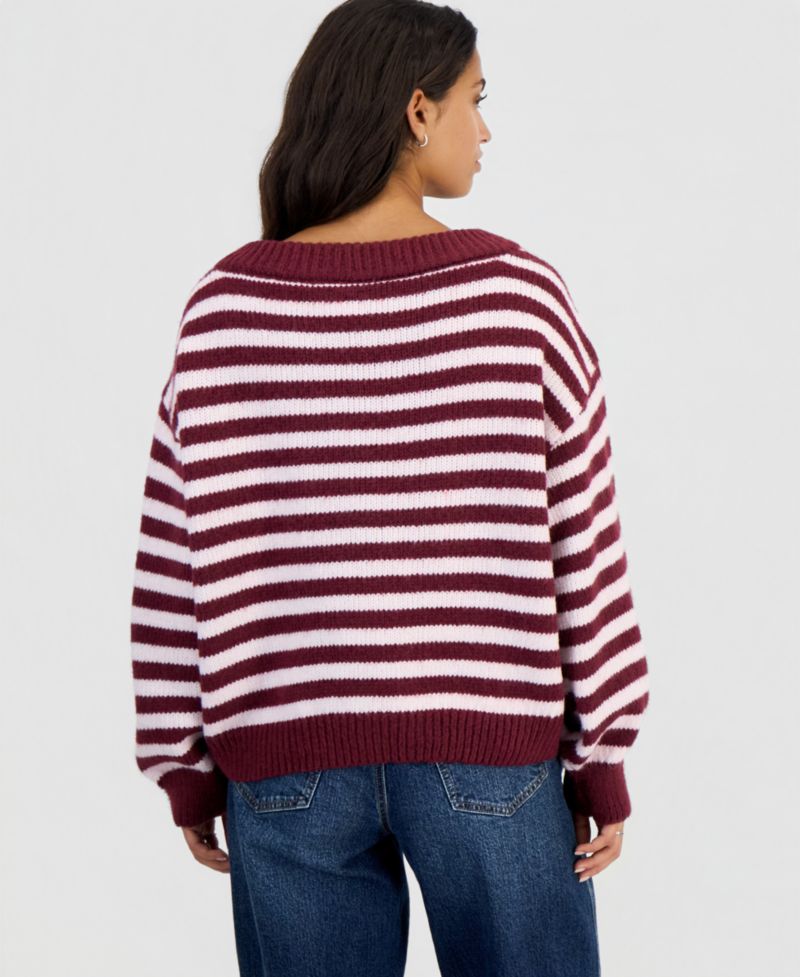 Juniors' Slouchy Striped Balloon-Sleeve Sweater