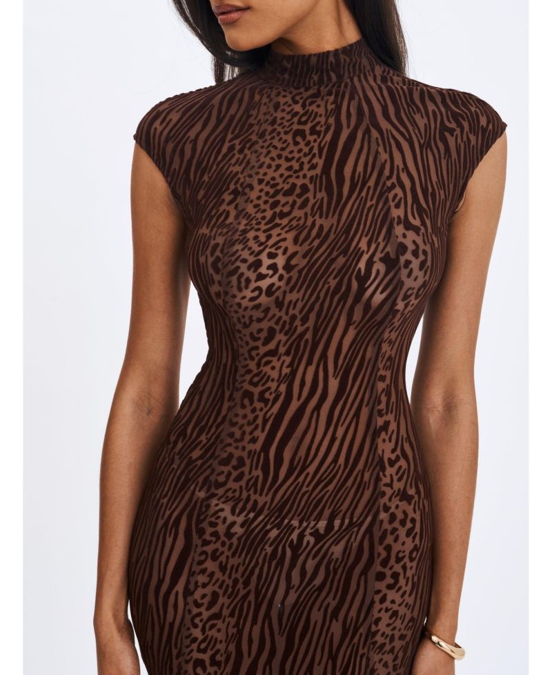 Women's Tyanna Mocha Burnout Velvet Mesh Backless Mermaid Maxi Dress