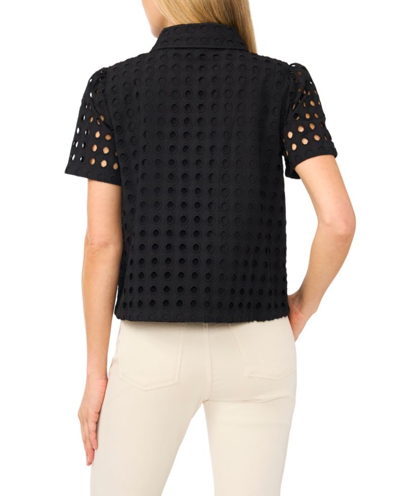 Women's Short Sleeve Eyelet Button-Down Top