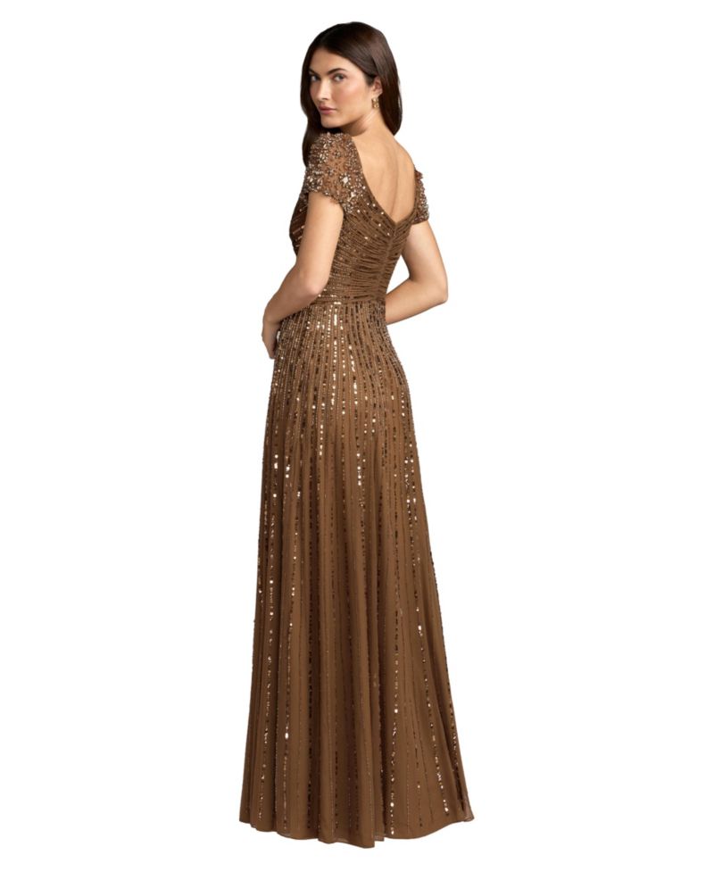 Women's Beaded Cap Sleeve V-Neck A-Line Evening Gown