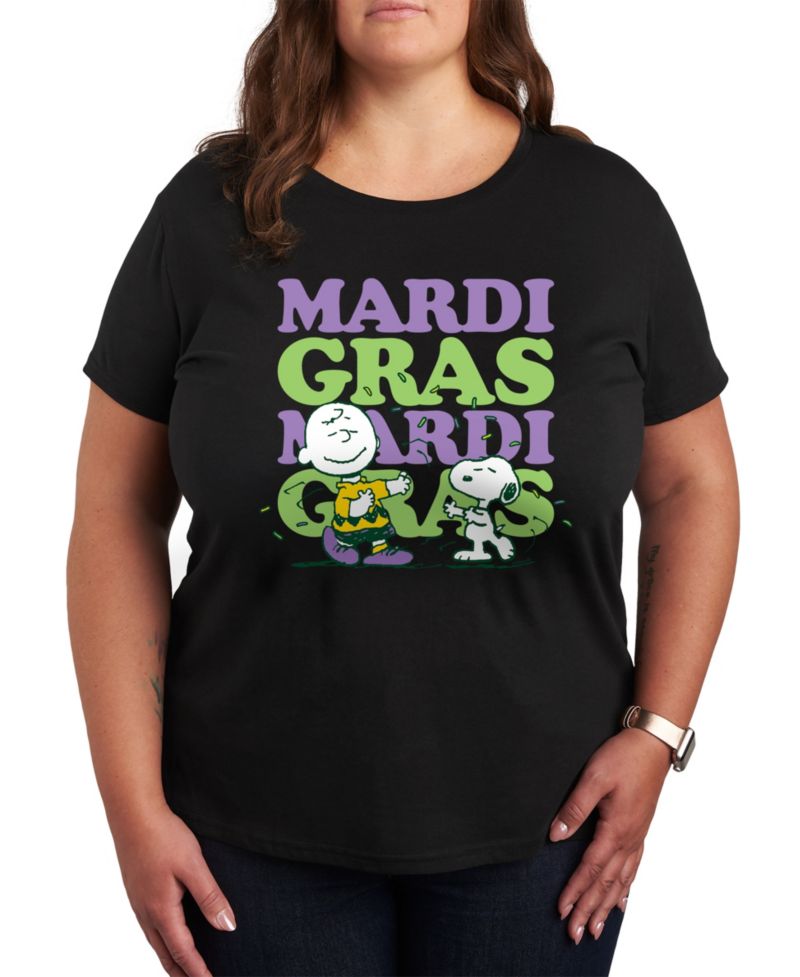 Plus Size Trendy Peanuts Mardi Gras Graphic Crew Neck T-Shirt