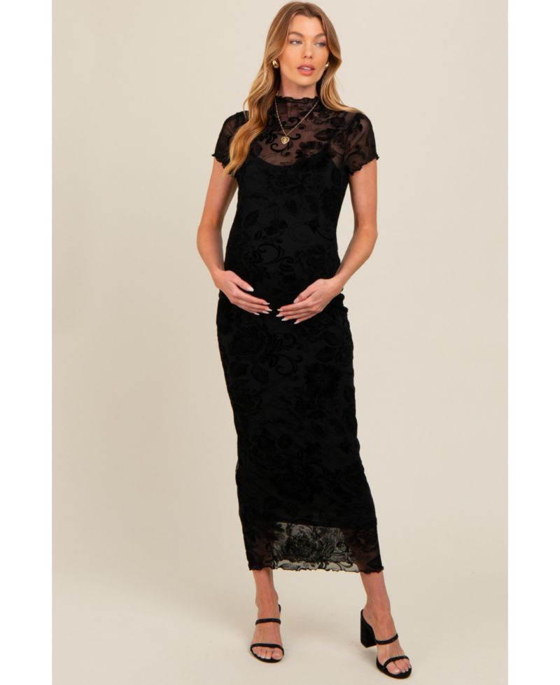 Women's Black Floral Mesh Overlay Fitted Maxi Dress