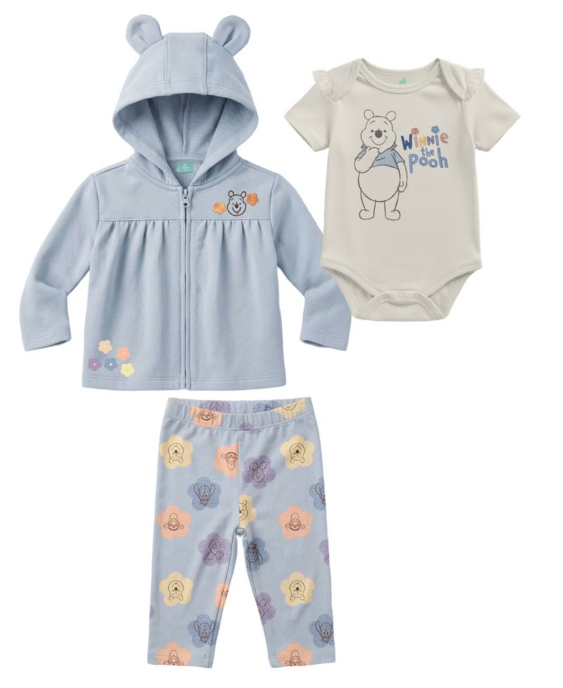 Baby Girls' Winnie-the-Pooh Print Jacket, Bodysuit and Pants, 3-Piece Set