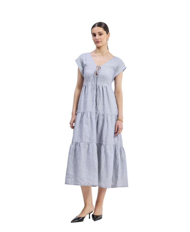 Women's Gathered Tiered Dress with Front-ties - Linen stripes